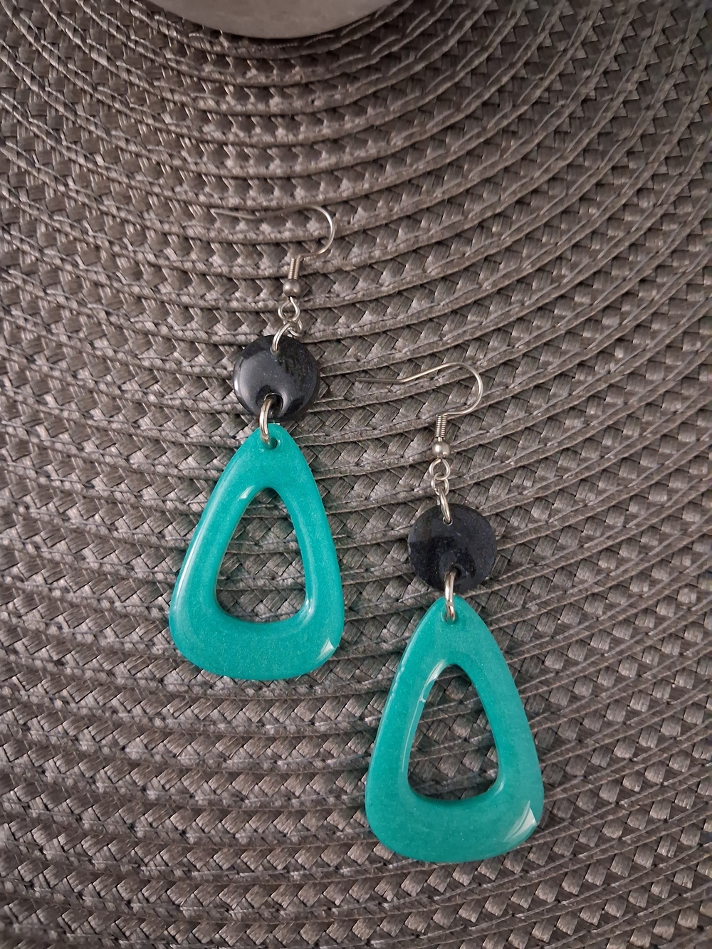 Teal Open Triangle Drop Earrings with Black Disc Accent